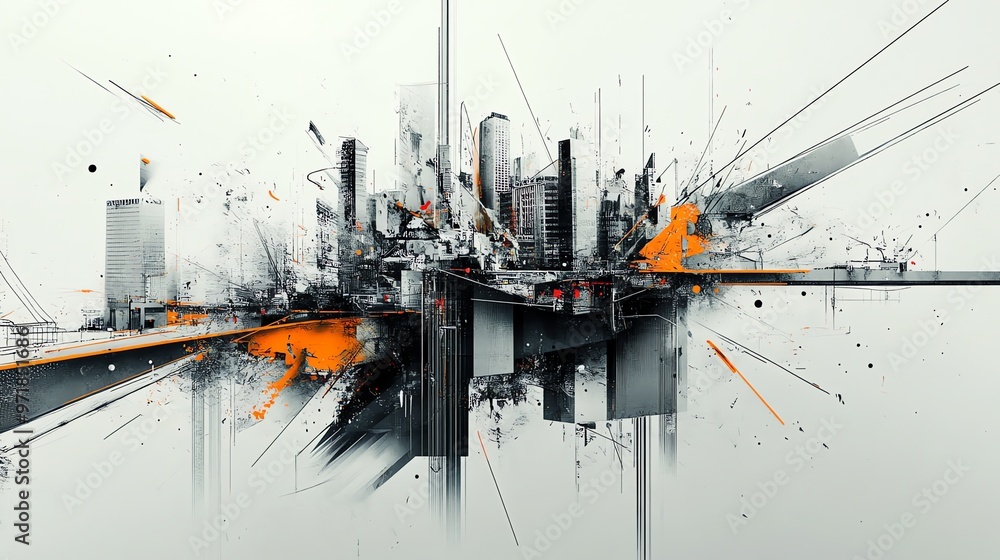 Fototapeta premium Abstract art depicting a city with geometric shapes and textures.