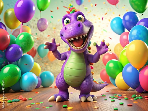 A cheerful, anthropomorphic purple dinosaur with bright green spikes and a goofy grin waves enthusiastically amidst