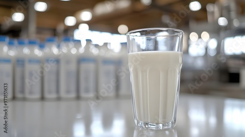 A glass of fresh milk on a table, surrounded by bottles of milk in a bright, industrial setting. Perfect for dairy-related content. photo