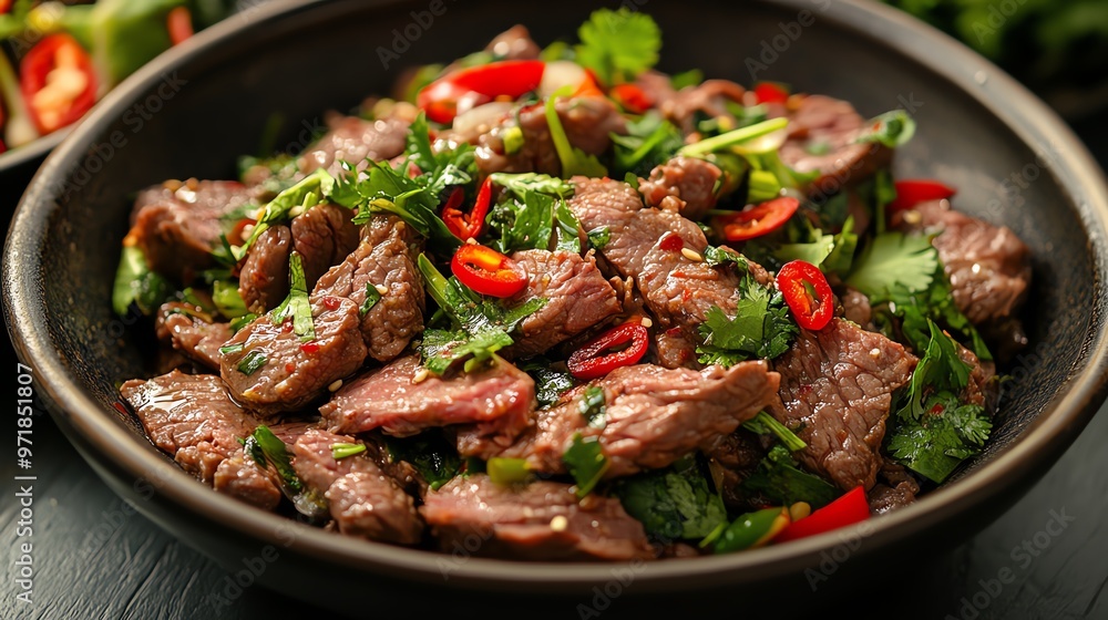 Isaanstyle spicy beef salad with fresh herbs and chili, Isaan beef salad, zesty dish Isaanstyle spicy beef salad with fresh herbs and chili, Isaan beef salad, zesty dish