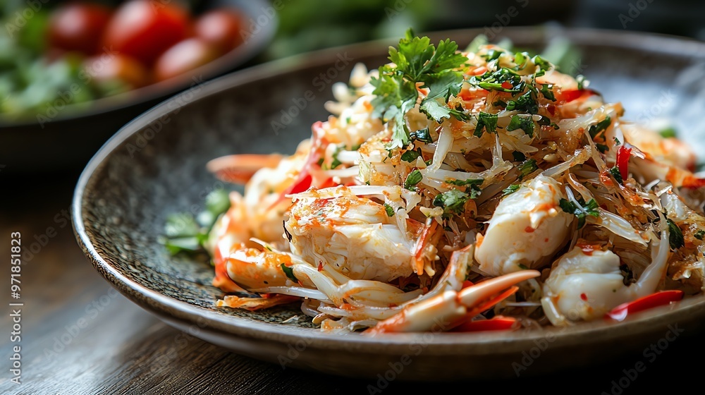 Isaanstyle spicy crab papaya salad served on a rustic plate, Isaan crab papaya salad, spicy salad Isaanstyle spicy crab papaya salad served on a rustic plate, Isaan crab papaya salad, spicy salad