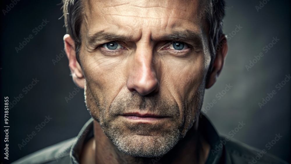 A close-up portrait of a middle-aged man's face, with a strong jawline, worn eyes, and a subtle five A close-up portrait of a middle-aged man's face, with a strong jawline, worn eyes, and a subtle five