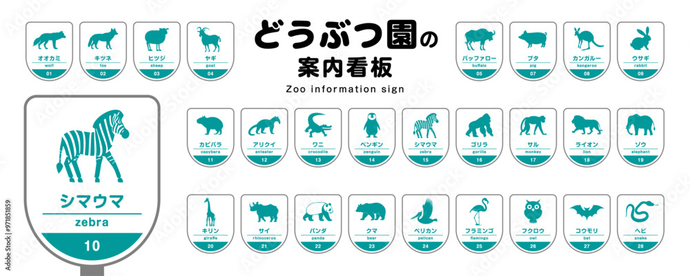 Fototapeta premium どうぶつ園の案内看板のデザイン素材セット(動物・ピクト・アイコン)1色