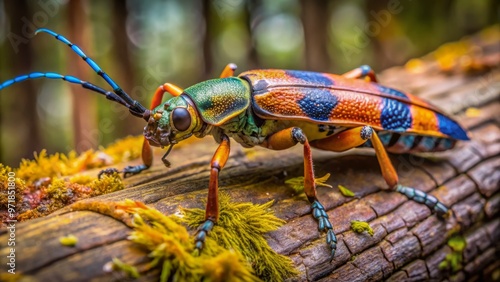 A close-up of a Rosalia longicorn beetle, with its distinctive blue and orange markings, perches on a intricately