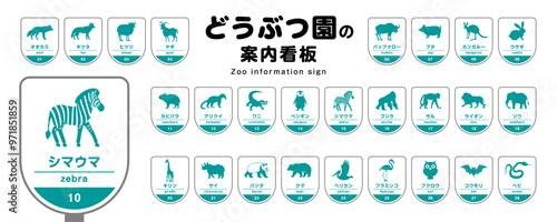 どうぶつ園の案内看板のデザイン素材セット（動物・ピクト・アイコン）1色