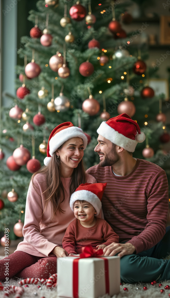 A joyful family in Santa hats sits by a beautifully decorated Christmas tree, sharing smiles and warmth. Perfect for holiday marketing, family-themed content, and festive greeting cards A joyful family in Santa hats sits by a beautifully decorated Christmas tree, sharing smiles and warmth. Perfect for holiday marketing, family-themed content, and festive greeting cards
