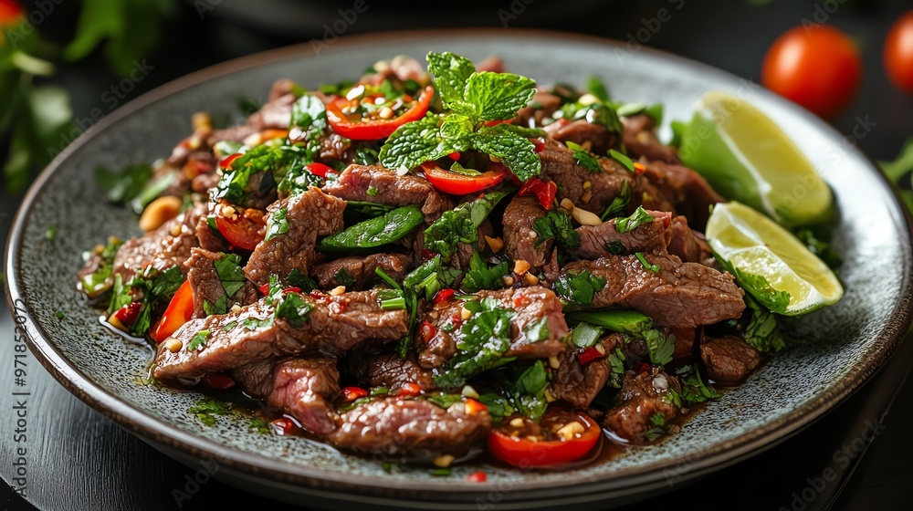 Thaistyle beef salad with fresh herbs and lime, served on a white plate, Thai beef salad, zesty Thai dish Thaistyle beef salad with fresh herbs and lime, served on a white plate, Thai beef salad, zesty Thai dish
