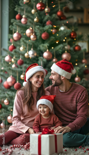 A joyful family in Santa hats sits by a beautifully decorated Christmas tree, sharing smiles and warmth. Perfect for holiday marketing, family-themed content, and festive greeting cards