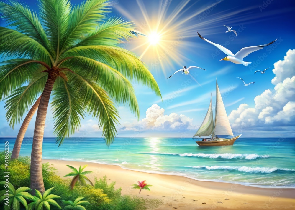 Obraz premium A colorful illustration of a serene beach scene featuring a palm tree, sailboat, and seagulls against a bright