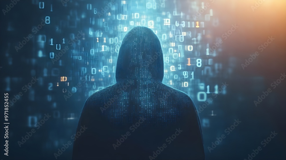 A mysterious hacker silhouette against a backdrop of glowing binary code and digital data, symbolizing technology and cybercrime. A mysterious hacker silhouette against a backdrop of glowing binary code and digital data, symbolizing technology and cybercrime.
