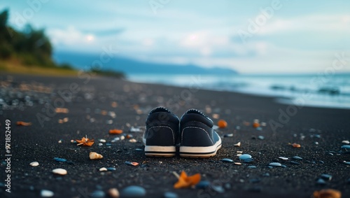 An Inviting Scene of Footwear on the Beachfront, Surrounded by Nature's Elements, Offering a Sense of Adventure and Serenity Amidst the Calm Waves of the Ocean photo