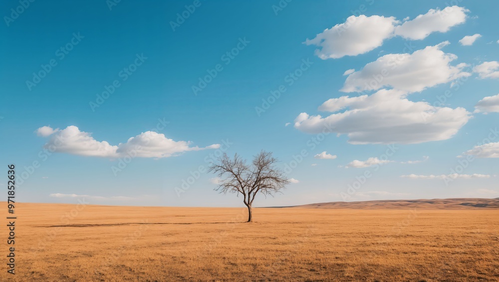 A solitary tree stands against a vast golden landscape, surrounded by a stunning blue sky punctuated by soft, billowing clouds, a visual testament to nature's serenity and isolation. A solitary tree stands against a vast golden landscape, surrounded by a stunning blue sky punctuated by soft, billowing clouds, a visual testament to nature's serenity and isolation.