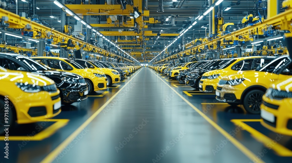 Yellow Cars on Assembly Line in Modern Factory Yellow Cars on Assembly Line in Modern Factory