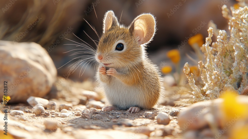 A small mouse sitting on the ground among rocks and flowers. A small mouse sitting on the ground among rocks and flowers.