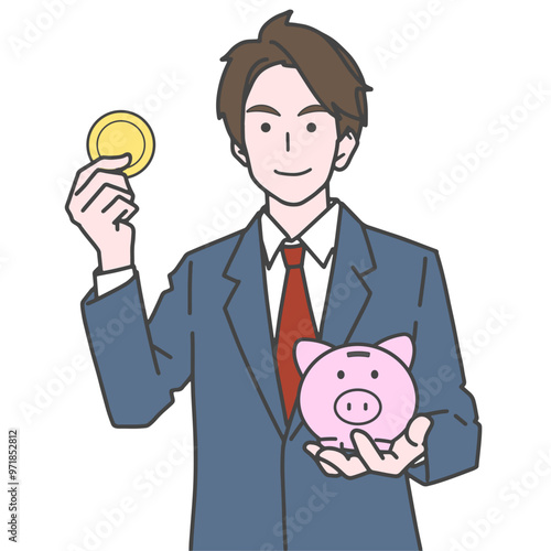 貯金箱に貯蓄をするビジネスマンのイラスト