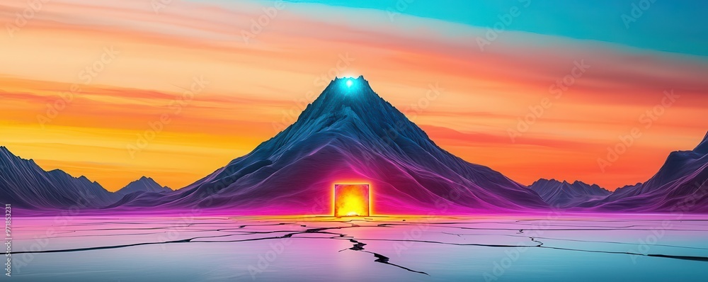 A lone mountain with a glowing portal at its peak, enclosed in a cracked glass frame, Surreal, Epic landscape, Cool tones A lone mountain with a glowing portal at its peak, enclosed in a cracked glass frame, Surreal, Epic landscape, Cool tones