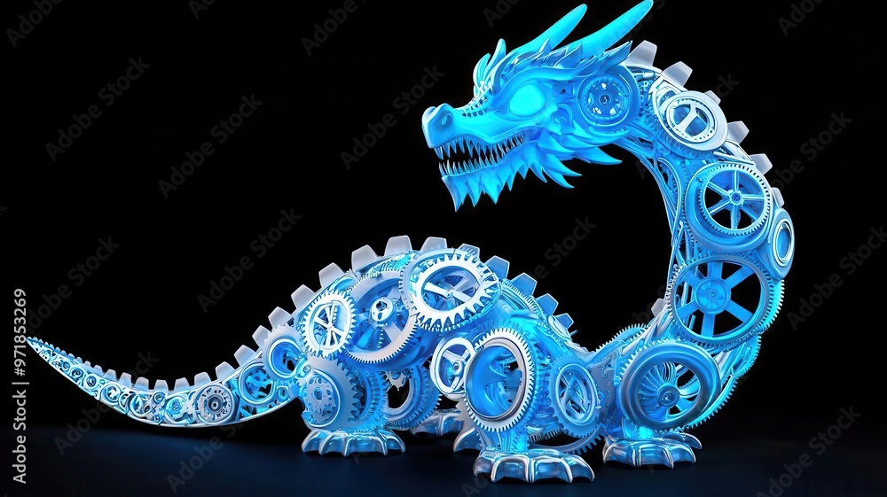 Obraz premium A dragon made of interlocking gears and machinery, glowing blue from within, symbolizing a fusion of identity and purpose, Fantasy, Steampunk, High Detail, Mechanical Structure
