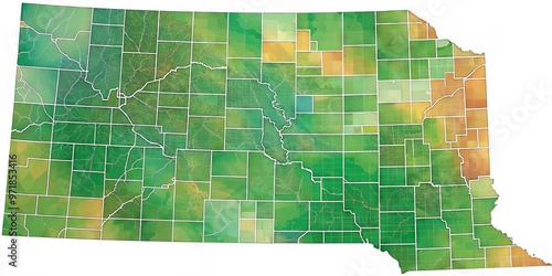 A detailed illustration of Nebraska's 93 counties, showcasing boundaries, highways, and major cities, with a subtle photo