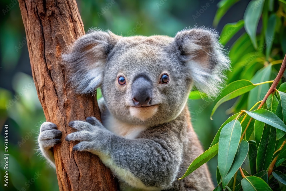 Obraz premium Adorable Australian koala clings to eucalyptus tree trunk, soft fur and big round eyes gazing directly, surrounded by