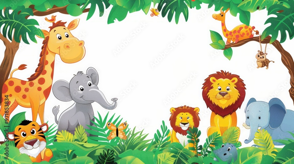 Naklejka premium Bright cartoon zoo animals in their habitats, isolated on white background with space for card message.