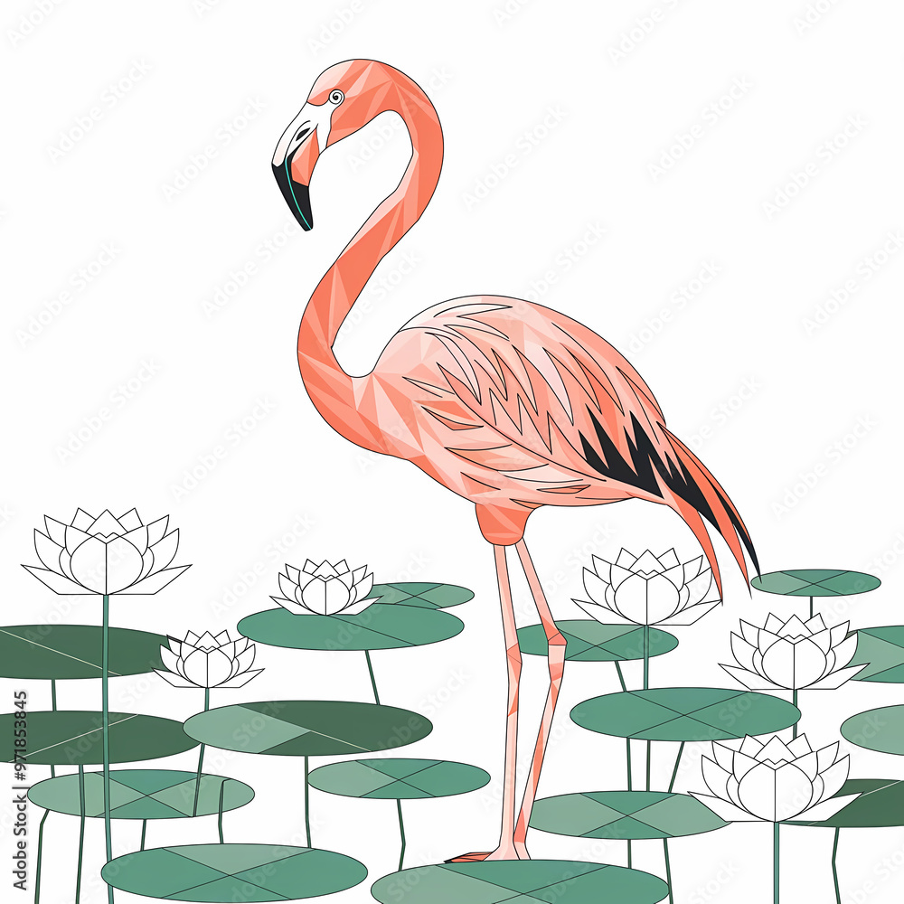 Fototapeta premium A flamingo standing in a pond with lotus flowers, Geometric illustration