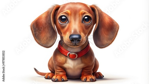 Adorable cartoon dachshund with big brown eyes and floppy ears, wearing a red collar and sitting on a photo