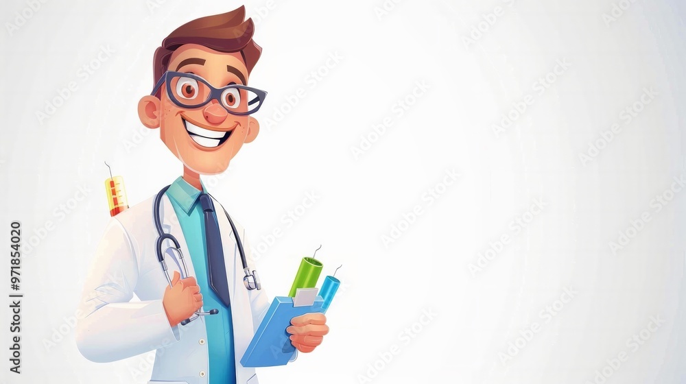 Cheerful cartoon doctor with medical tools, on white background with ample copy space