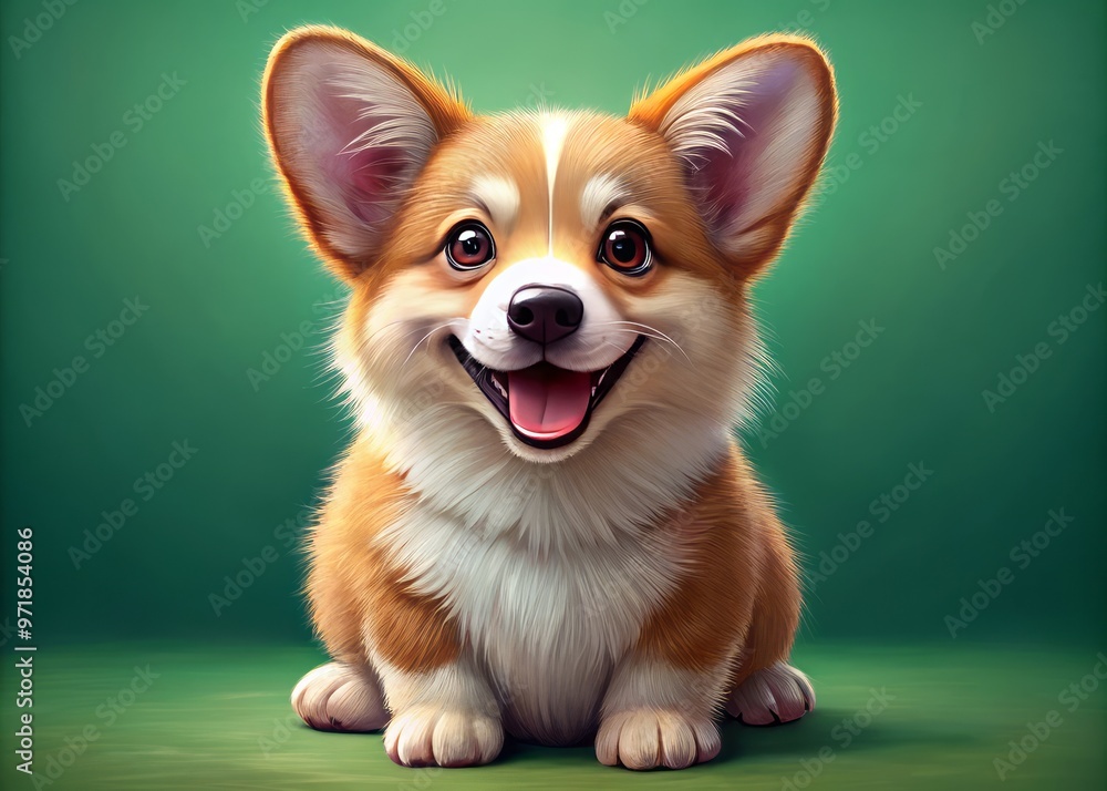 Adorable digital illustration of a playful corgi dog with fluffy fur, big brown eyes, and a sweet smile, Adorable digital illustration of a playful corgi dog with fluffy fur, big brown eyes, and a sweet smile,