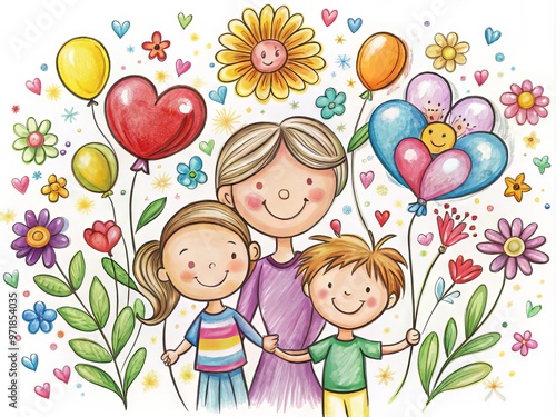 Adorable child's hand-drawn illustration of a smiling mom surrounded by colorful flowers, balloons, and scribbles,