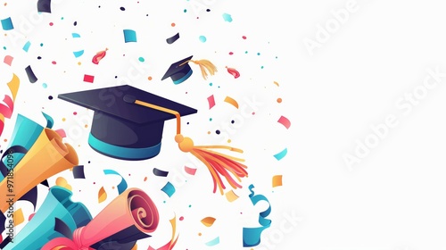 Festive cartoon graduation scene with cap and diploma, isolated on white background with space for text.