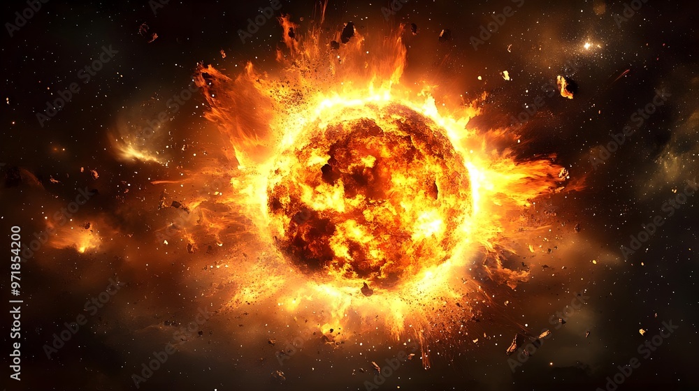 A stunning depiction of a fiery explosion representing a sun or star, showcasing vibrant orange and yellow hues against a dark backdrop. A stunning depiction of a fiery explosion representing a sun or star, showcasing vibrant orange and yellow hues against a dark backdrop.
