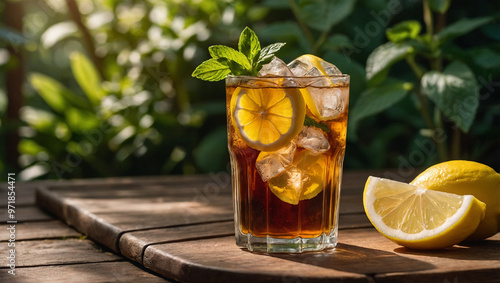 Glass of iced tea with lemon slices and mint, set on a wooden table in a lush green garden under bright sunlight.