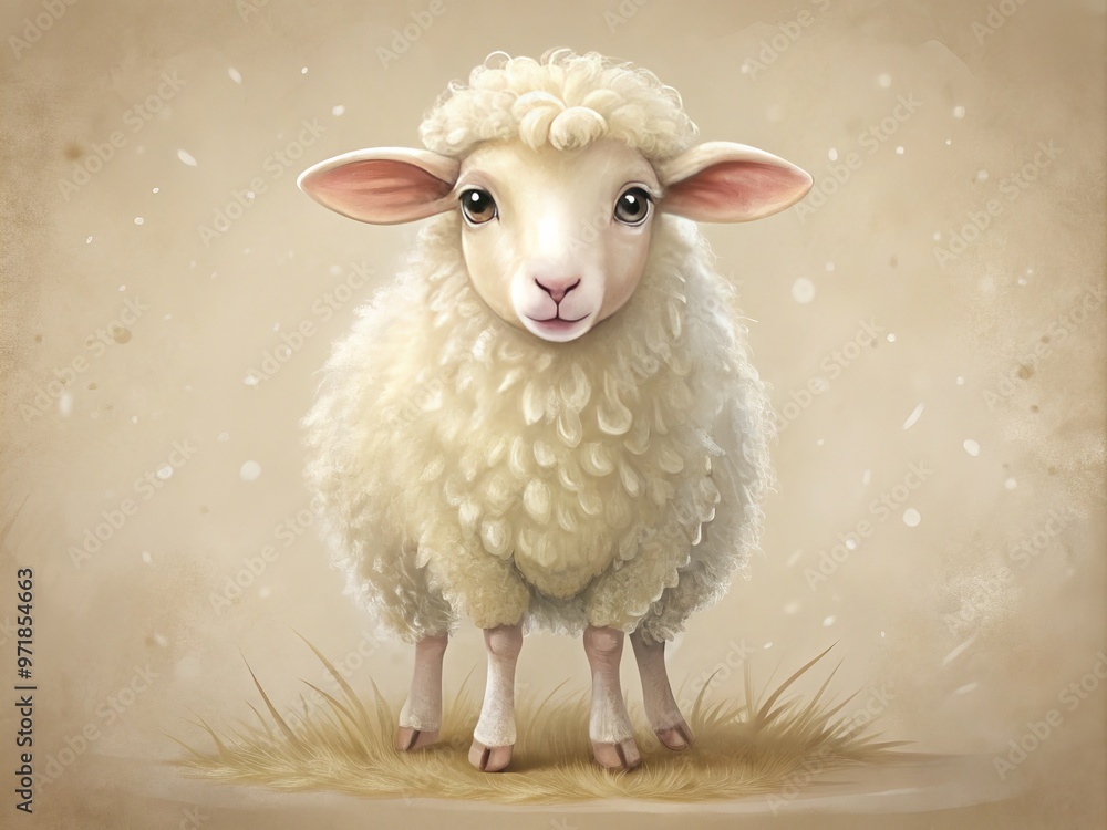 Fototapeta premium Adorable sheep illustration with gentle facial expression, fluffy wool, and delicate legs, set against a soft, creamy
