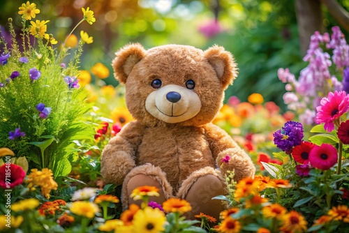 Adorable teddy bear with a bright, cheerful smile and sparkling eyes, surrounded by lush greenery and colorful flowers