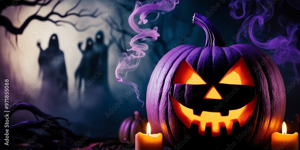 Spooky Halloween Background with Pumpkins, Ghosts, and Full Moon - Perfect for Halloween Party Invitations and Decorations Spooky Halloween Background with Pumpkins, Ghosts, and Full Moon - Perfect for Halloween Party Invitations and Decorations