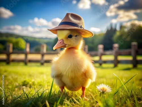 Adorable yellow duckling wears a miniature cowboy hat, standing proudly on a sun-drenched farm field, surrounded by photo