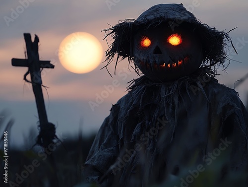 Creepy scarecrow in a field, tattered clothes, glowing red eyes, full moon in the background, Halloween horror photo