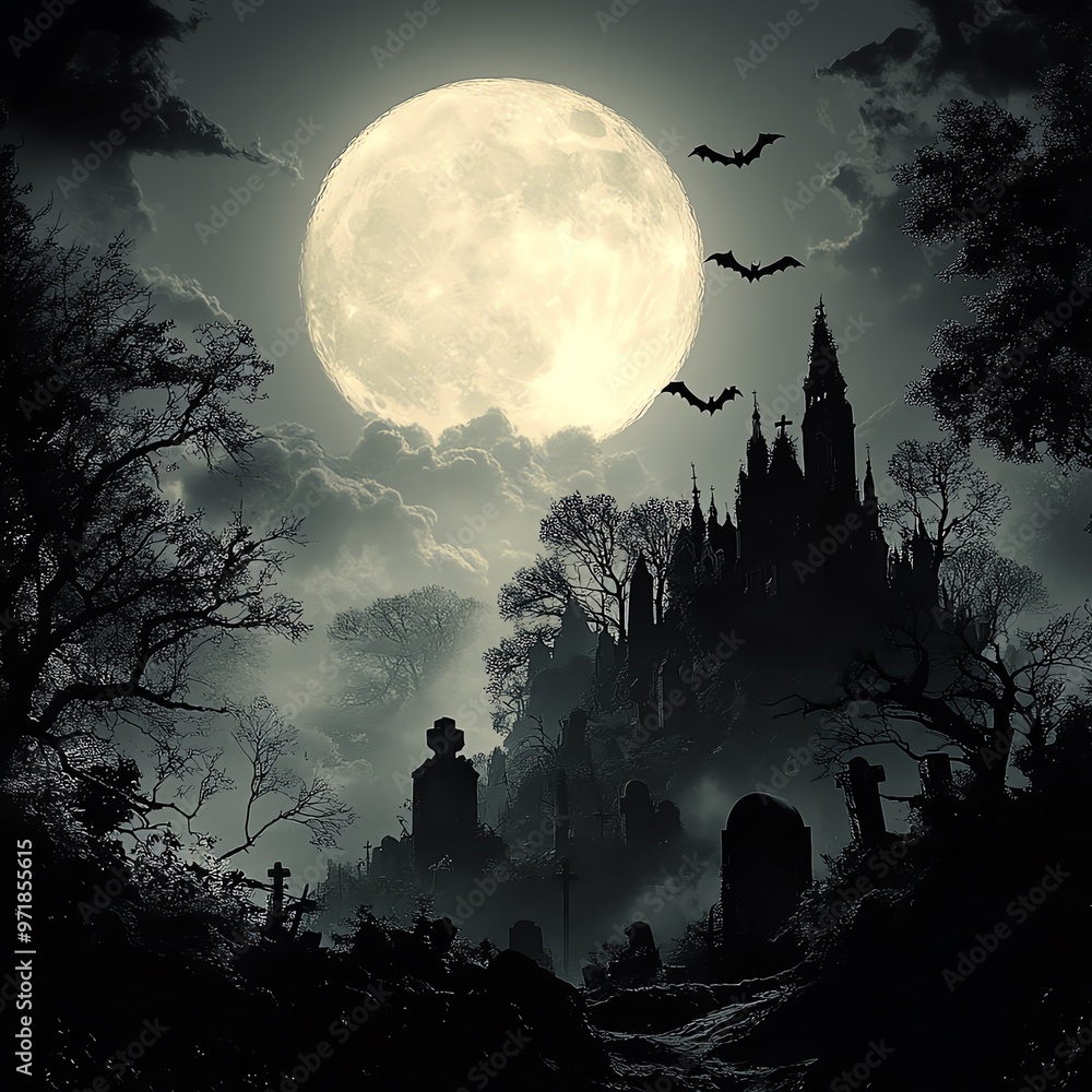 Fototapeta premium Eerie Halloween full moon over a haunted graveyard, bats flying, ghostly fog, spooky night