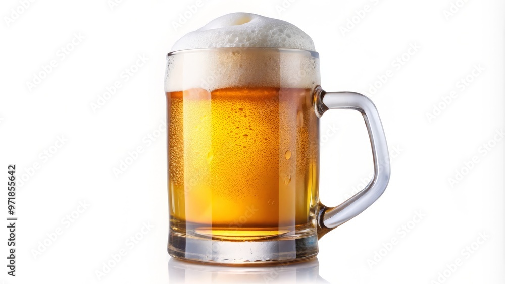A frothy, golden-colored beer fills a classic, curved mug with a sturdy handle, adornments, and subtle condensation, A frothy, golden-colored beer fills a classic, curved mug with a sturdy handle, adornments, and subtle condensation,