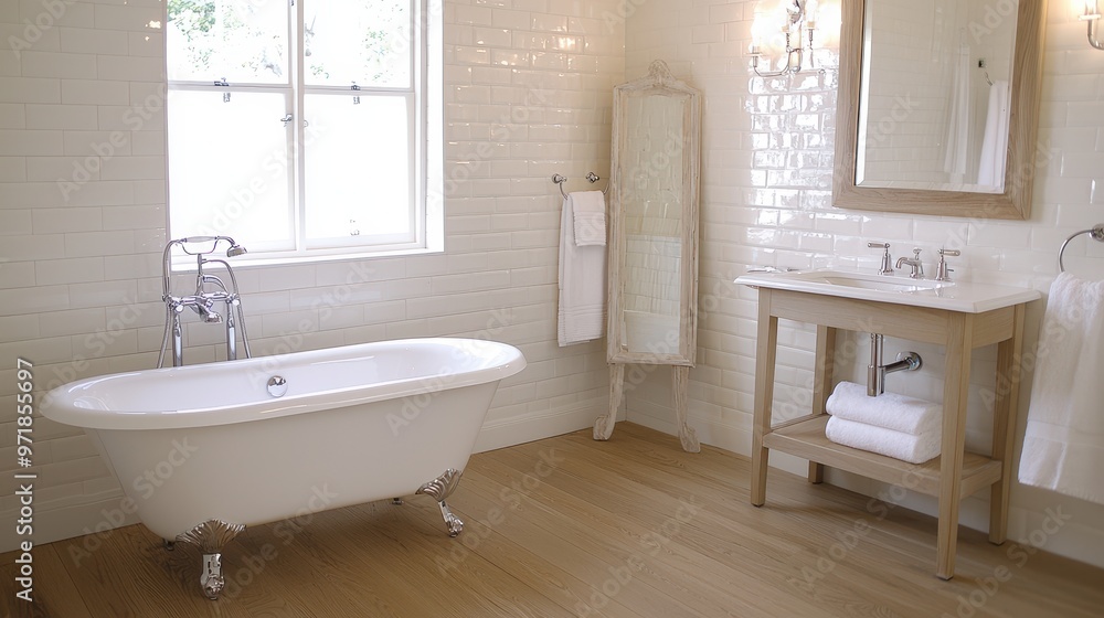 White Bathroom with Clawfoot Tub and Wood Floor White Bathroom with Clawfoot Tub and Wood Floor