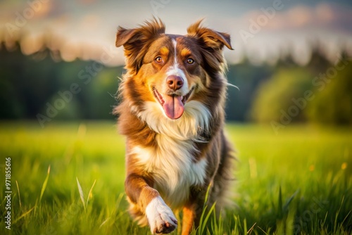 A friendly, floppy-eared brown Australian Shepherd dog with a fluffy coat and wagging tail runs freely in a photo