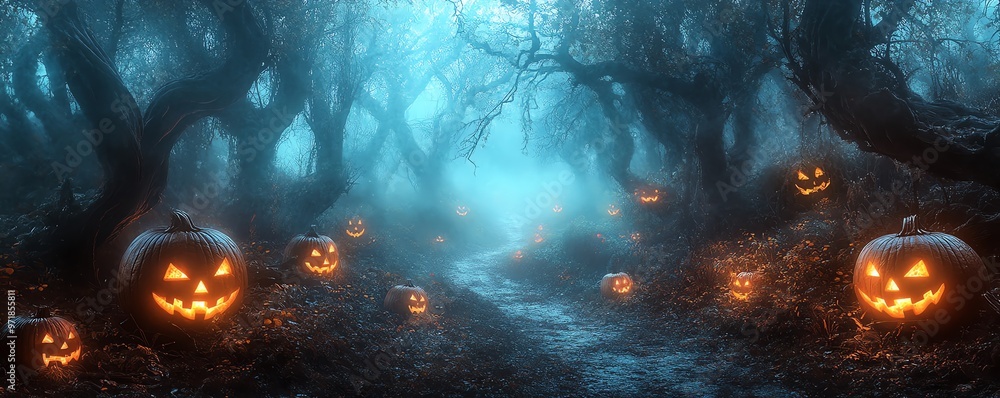 Haunted forest path, twisted trees, glowing jackolanterns, eerie mist, Halloween Haunted forest path, twisted trees, glowing jackolanterns, eerie mist, Halloween