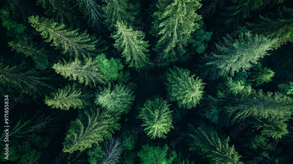Aerial view of lush green pine trees forming a forest canopy Aerial view of lush green pine trees forming a forest canopy