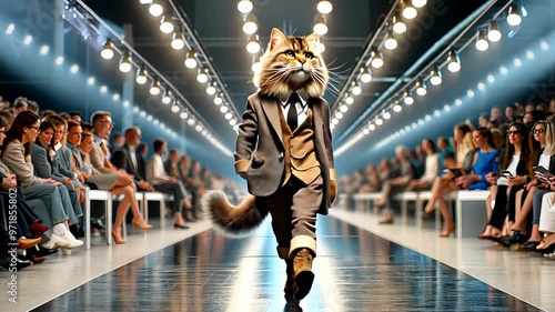 Chic Cat Models Gracefully Strut Their Distinctive Style on the Runway with Elegance and Flair