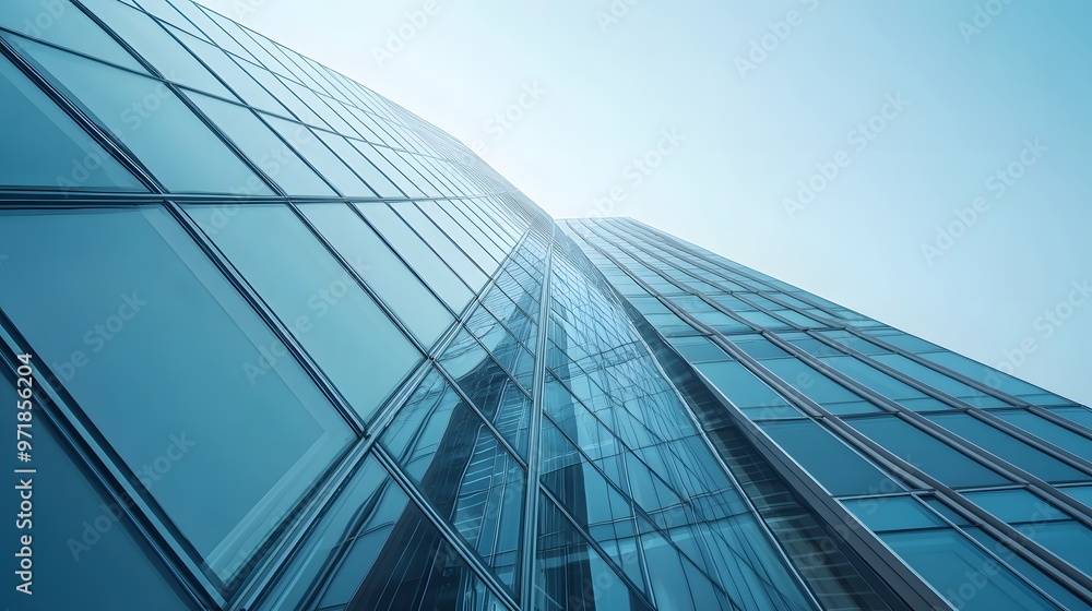 Low Angle View of a Modern Glass Skyscraper with Blue Sky Low Angle View of a Modern Glass Skyscraper with Blue Sky