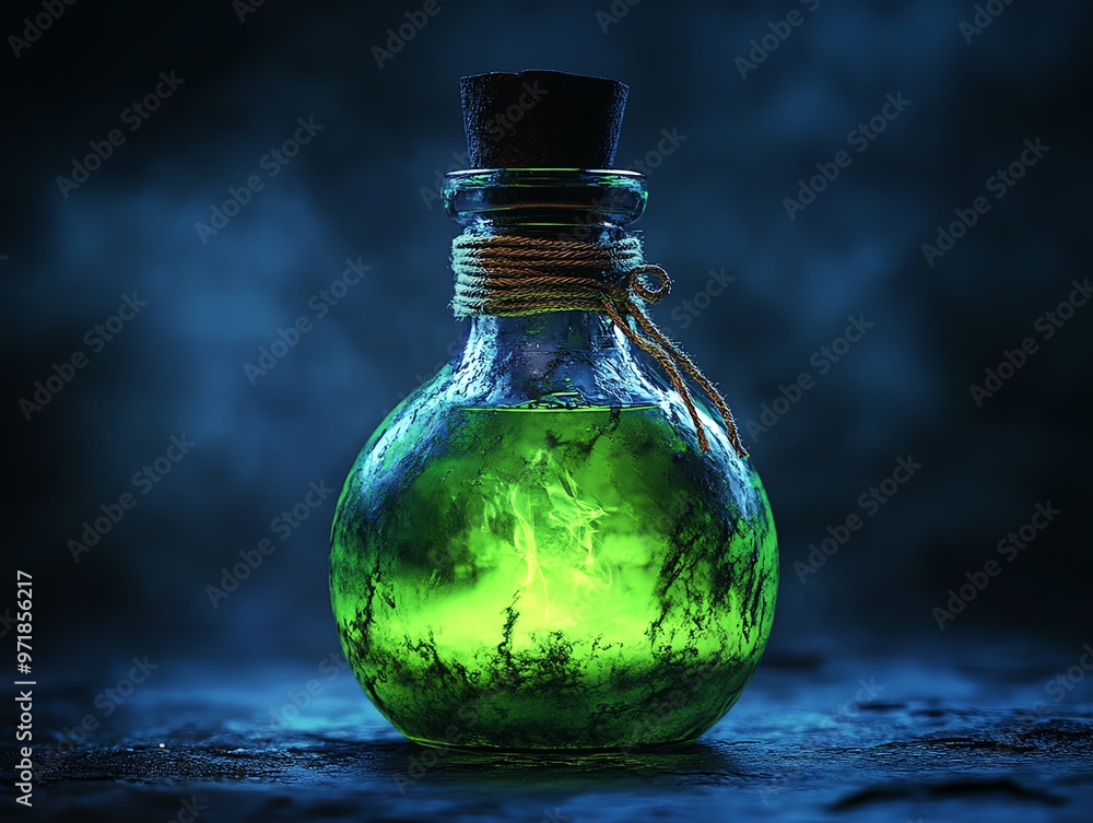 Witchs potion bottle glowing in the dark, eerie green liquid inside, Halloween magic Witchs potion bottle glowing in the dark, eerie green liquid inside, Halloween magic