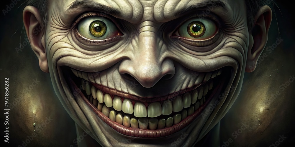 Naklejka premium A haunting, exaggerated facial expression featuring a wide, toothy grin and sunken eyes that convey an unsettling sense