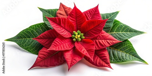 A vibrant poinsettia flower boasts bright red petals and golden stamens against a crisp white backdrop, radiating photo