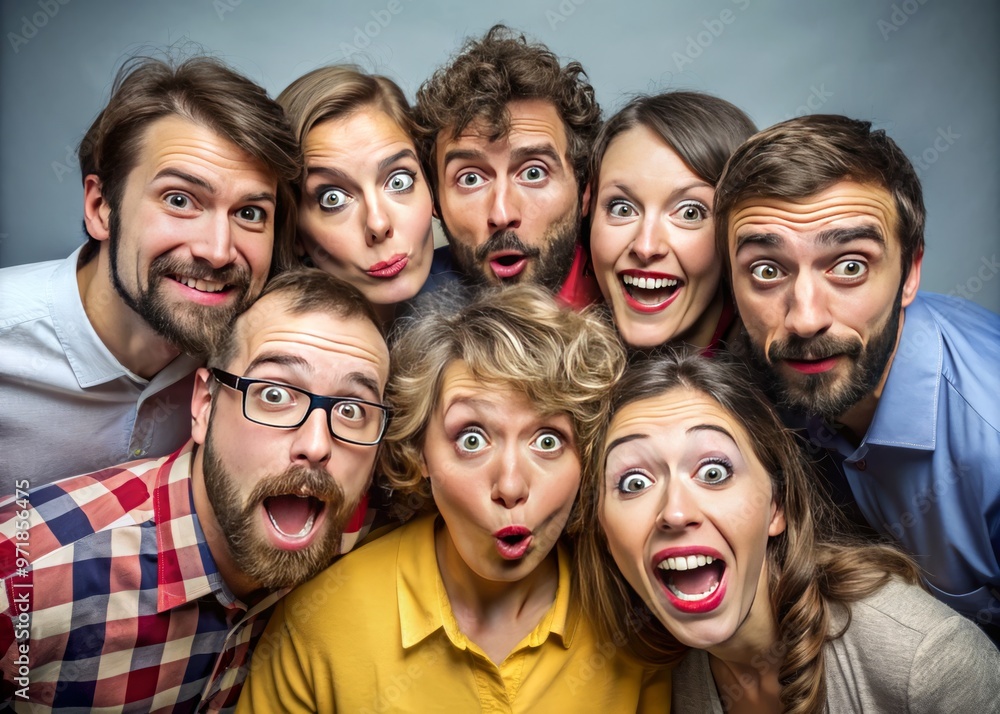 A humorous group of imperfect individuals with quirky features and ridiculous expressions pose together, showcasing A humorous group of imperfect individuals with quirky features and ridiculous expressions pose together, showcasing
