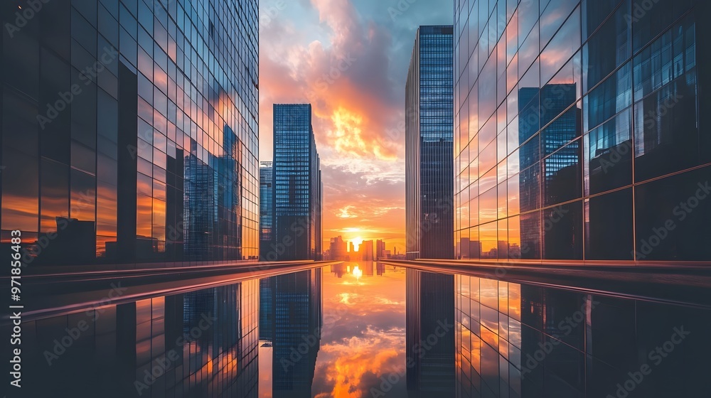 Skyscrapers Reflecting Sunset in Cityscape